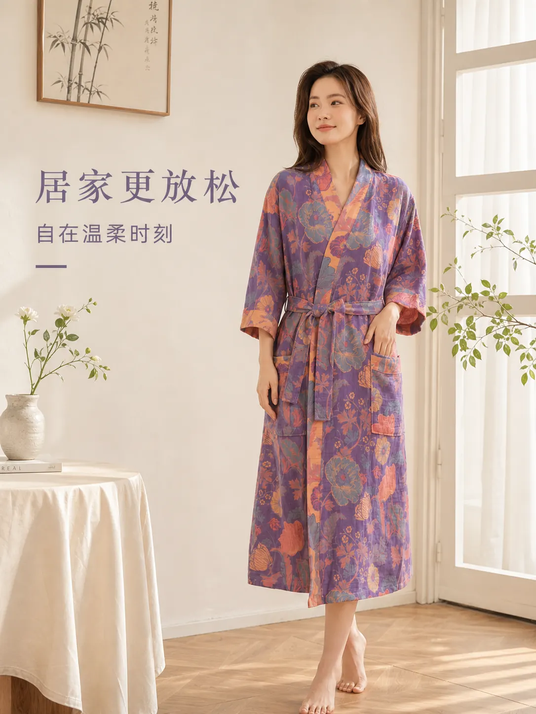 纱布印花浴袍国风水墨画产品图片